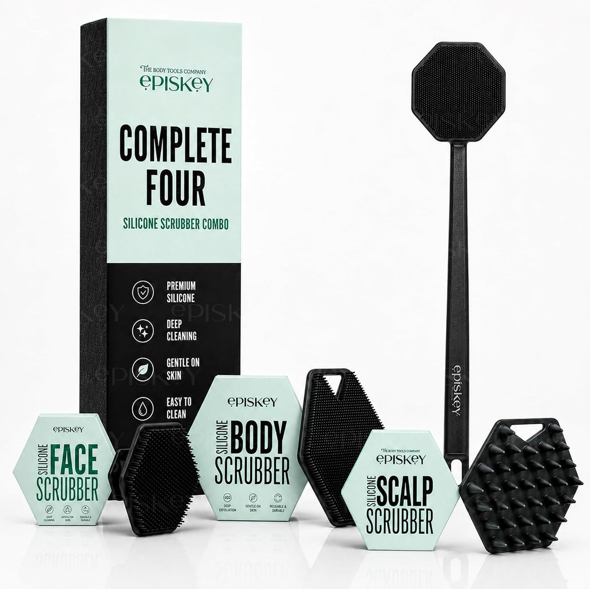 Episkey Complete Four Silicone Scrubber Combo for Men & Women | Face Scrubber, Body Scrubber, Scalp Massager & Long Handle Back Scrubber | Deep Cleansing, Exfoliating & Bath Body Care Set