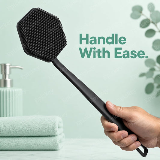 Back Scrubber - Exfoliates & Deep Cleans - Silicone Shower & Bath Brightening Body Brush with Long Handle and Bespoke Bristles - Bathroom & Hygiene Accessory
