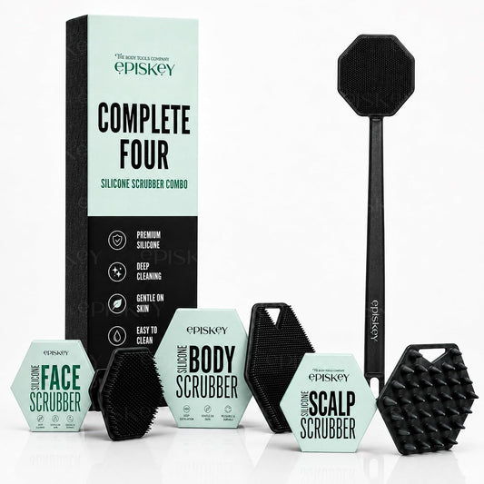 Episkey Complete Four Silicone Scrubber Combo for Men & Women | Face Scrubber, Body Scrubber, Scalp Massager & Long Handle Back Scrubber | Deep Cleansing, Exfoliating & Bath Body Care Set