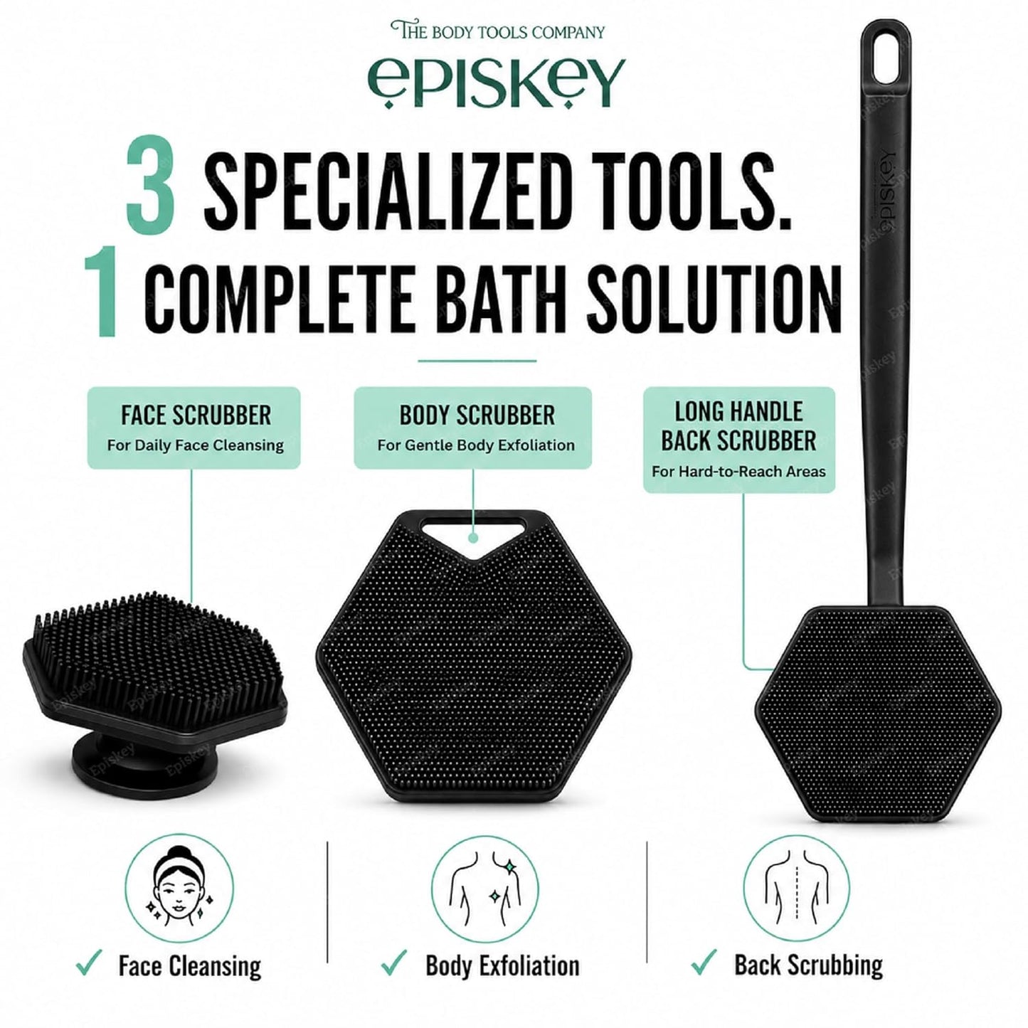 Ultimate Trio Bath Scrubber Combo | 3-in-1 Silicone Face, Body & Back Scrubber Combo