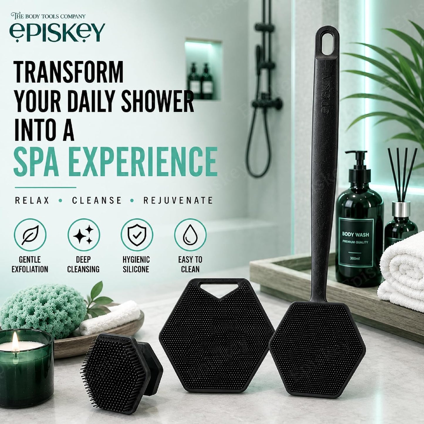 Ultimate Trio Bath Scrubber Combo | 3-in-1 Silicone Face, Body & Back Scrubber Combo