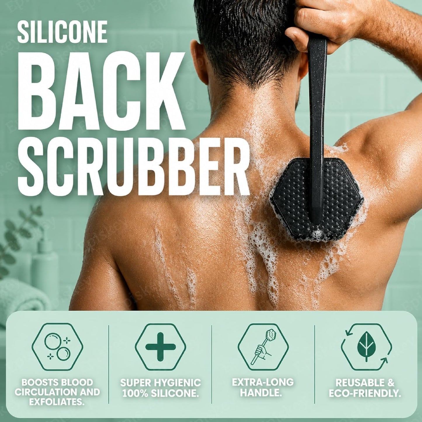 Back Scrubber - Exfoliates & Deep Cleans - Silicone Shower & Bath Brightening Body Brush with Long Handle and Bespoke Bristles - Bathroom & Hygiene Accessory