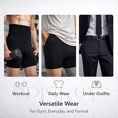 Men Tummy Control Seamless Shorts High Waist Slimming Underwear Body Shaper Belly Girdle Boxer Stomach Fitness for Exercise & Workout Briefs Black, Free Size